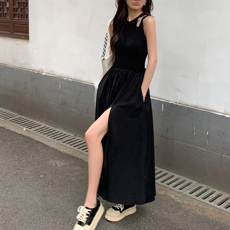 فساتين نسائية طويلة صيفية عتيقة بدون أكمام من سيوليش 2025 فستان جديد عالي الخصر أسود غير رسمي فضفاض مستقيم بدون أكمام للسيدات