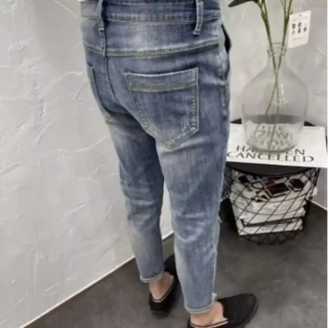 

Модные рваные винтажные джинсы-слимфит длиной 9/10 для мужчин, летние и осенние, трендовые повседневные брюки, джинсы прямого кроя со средней посадкой