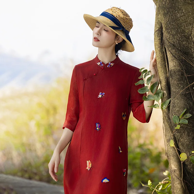 

Cotton and linen women's ramie dress spring and summer stand-up collar Chinese style retro cheongsam fashion casual versatile si