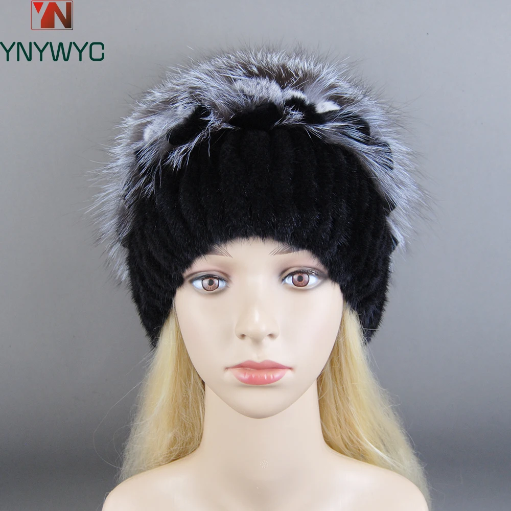 2024 Women Beanies Knitted Luxury Flower Real Mink Fur Beanies Hats Real Silver Fox Fur Hat Female Natural Mink Fur Winter Hats