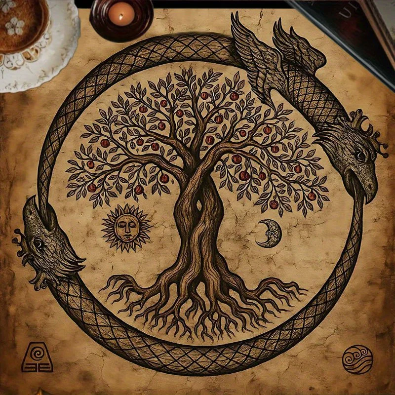Vintage Yggdrasil Ouroboros Tarot Tablecloth Sun Moon Phase Zodiac Pattern Polyester Witch Altar Mat Spiritual Ritual Home