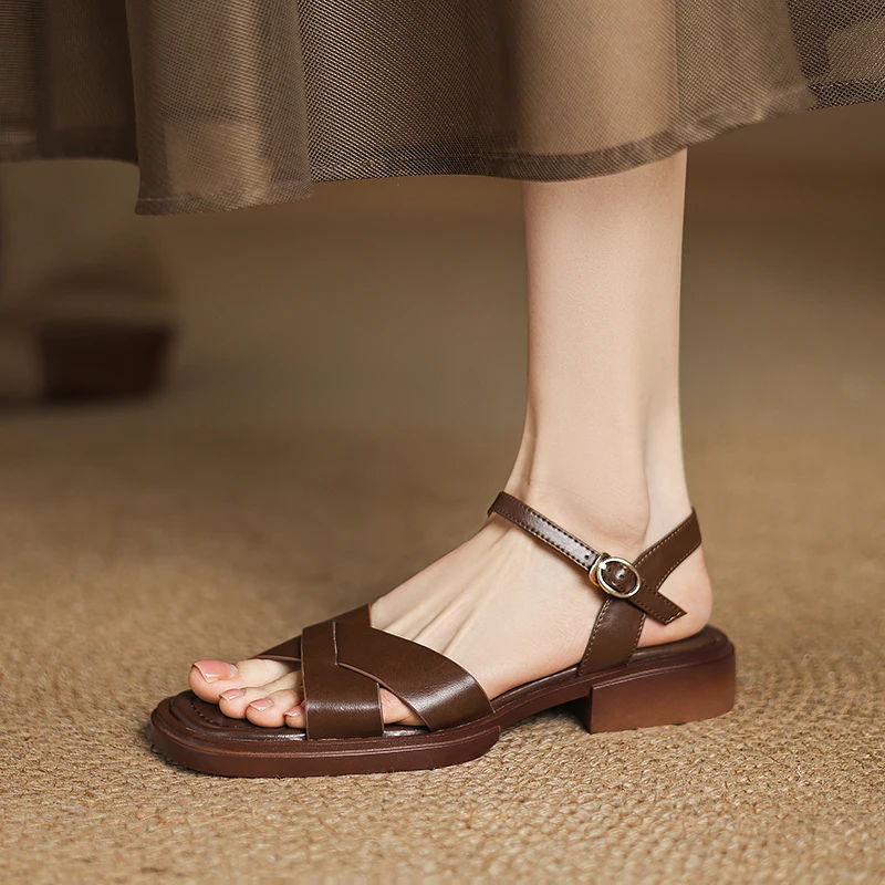 New Women Trend Summer Platform Low-heel Sandals Split Leather Ladies Square Open Toe Ankle Strap Black Brown Buckle Sandals