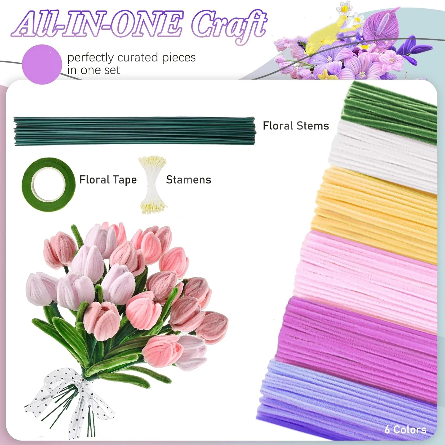 500 Pcs Pipe Cleaners Flower kit, 20pcs Green Floral Wires, 1pc Gardening Tape, 150pcs Stamen, Pipe Cleaners Craft view 2