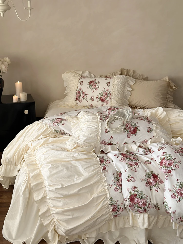 Romantic Rose Pure Cotton Bedding Set Princess Style Pleated Lace Country Style Quilt Cover Pure Cotton Bed Skirt Design