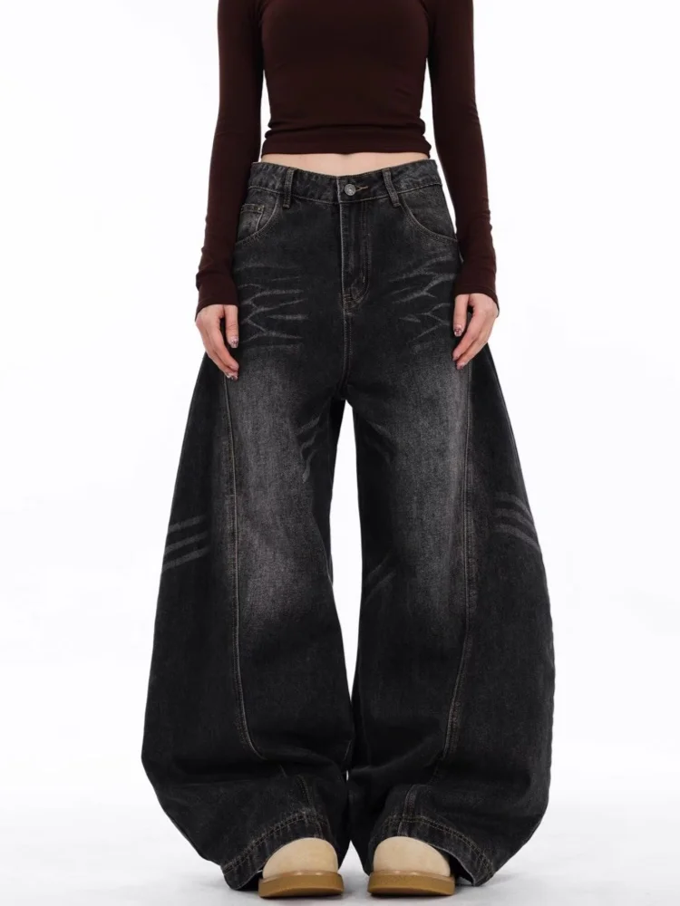 2026 Japanese Y2K Fashion Vintage Black Patchwork Baggy Women's Jeans Pants Wide Leg Woman Clothing Casual Cotton Denim Trousers