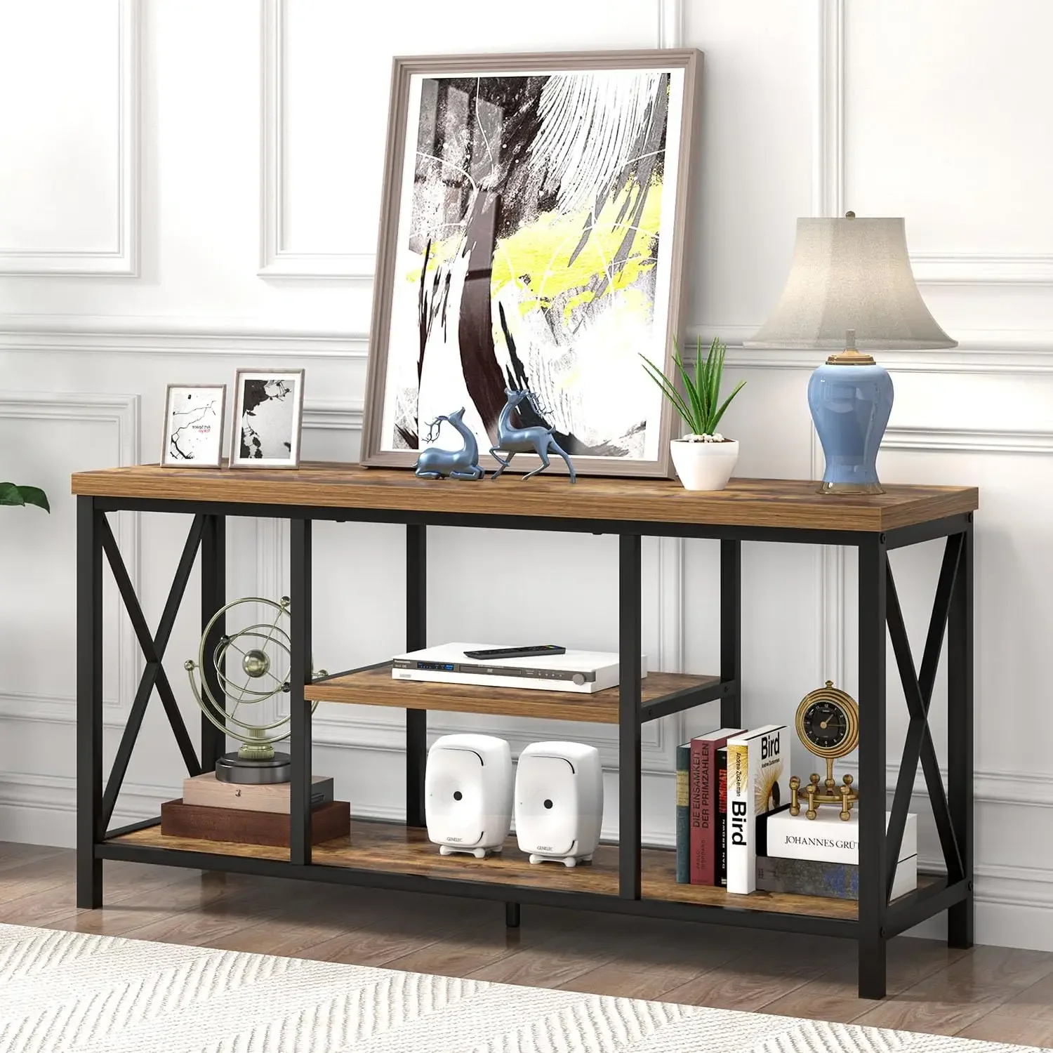 [وصول جديد! ]حامل تلفزيون للتلفزيونات حتى 55 بوصة، مركز ترفيه حديث مع مساحة تخزين، طاولة وحدة تحكم تلفزيون الوسائط الصناعية