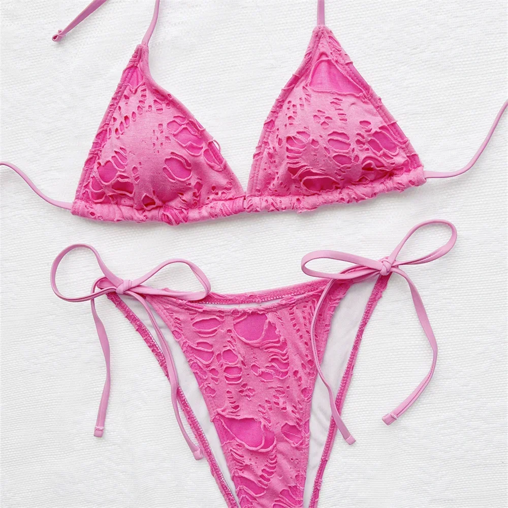 

Sexy Pink Swimsuit Triangle String Extreme Bikini Thong Halter Push Up Swimwear Holes Goth Beach Bathing Suit Women Bikinis Sets
