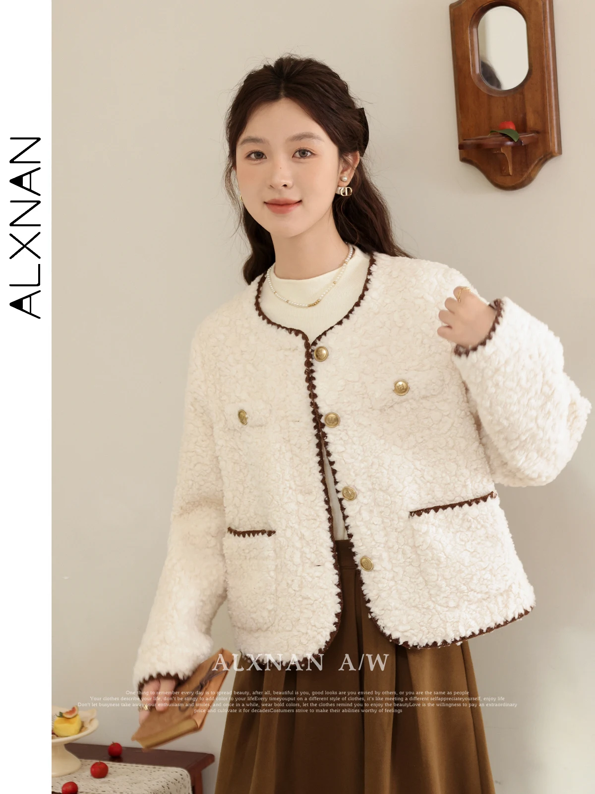 

ALXNAN French Lamb Fleece Jacket for Women Apricot O-neck Long Sleeve Female 2024 Fall Winter Casual Basics Outerwear LXN322102