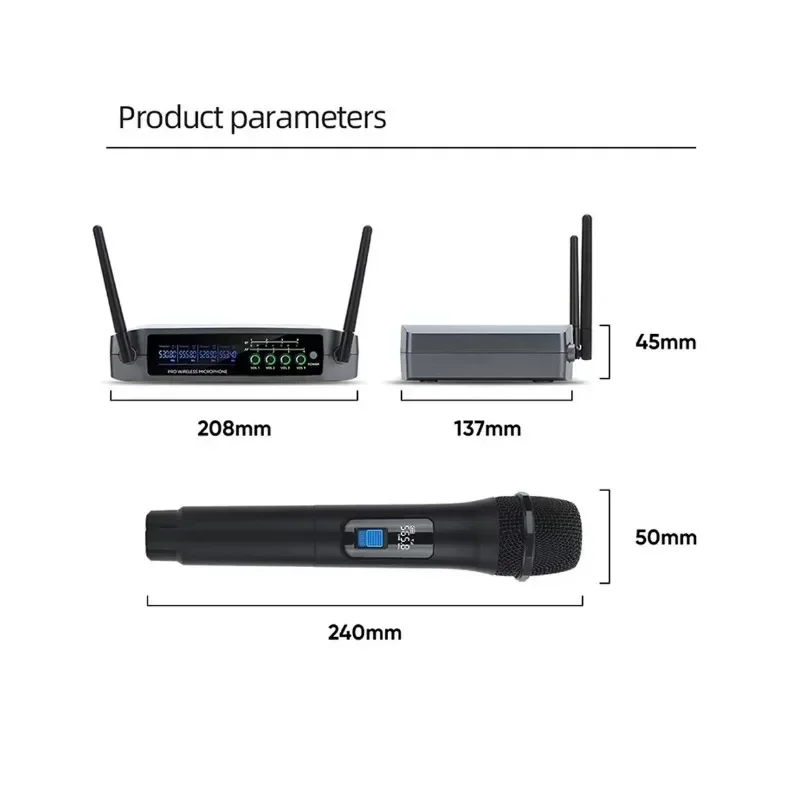 Professional VHF Wireless Microphone System 4 Channel Handheld Karaoke Microphone for Home Party Church Event TV Speaker