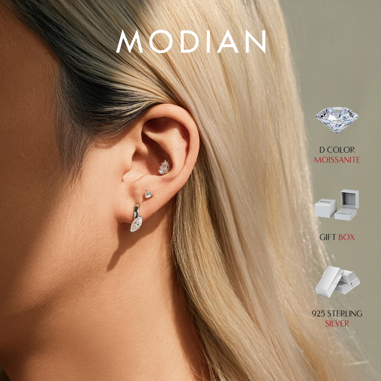  MODIAN Moissanite Helix Stud 925 Sterling Sliver Minimalist Round Crown Tiny Heart Screw Stud Earrings For Women Fine Jewelry