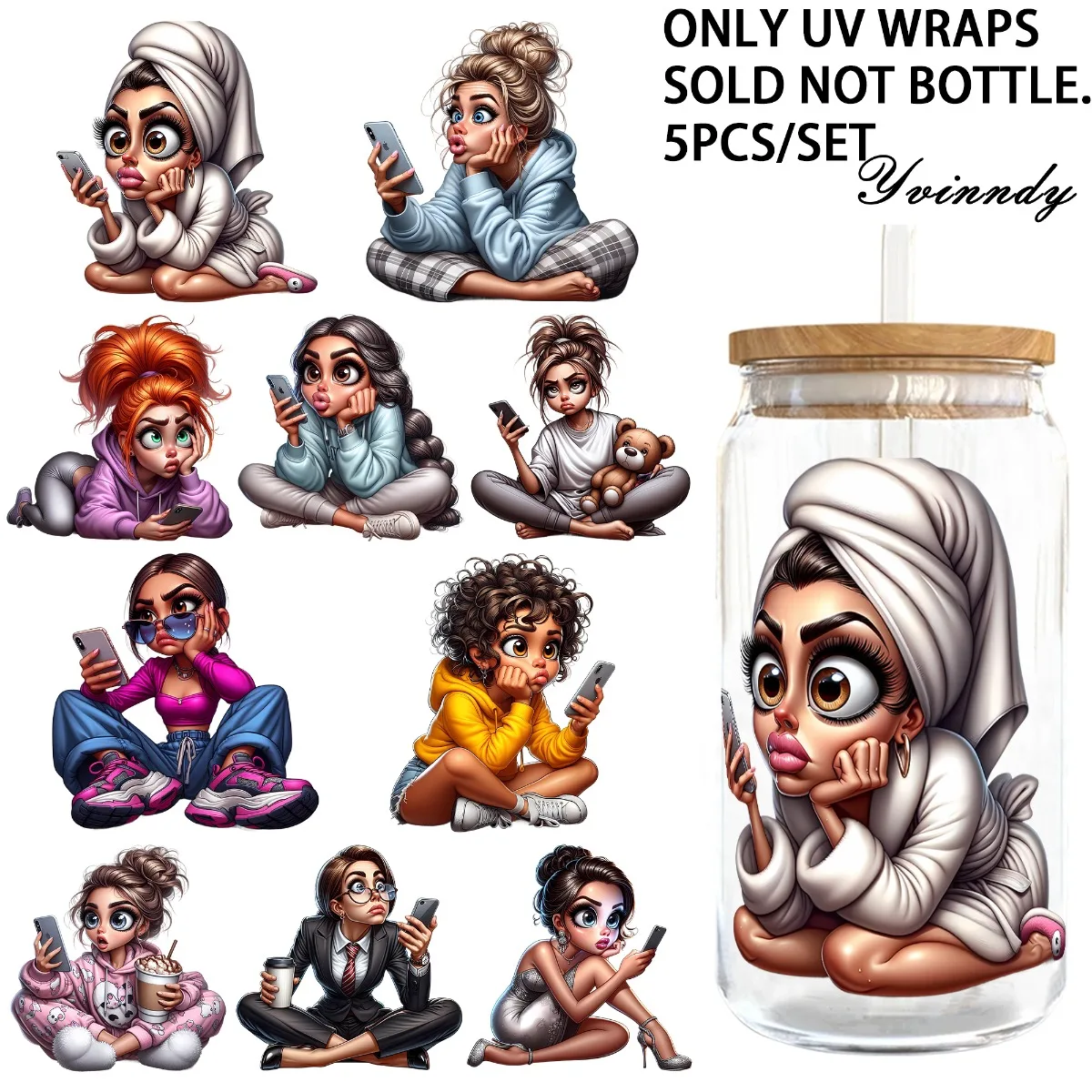 5 Stück/Set Modische professionelle 16OZ Glasbehälter UV DTF Hochwertig selbstklebend, geeignet zum Dekorieren von Tassen und Flaschen