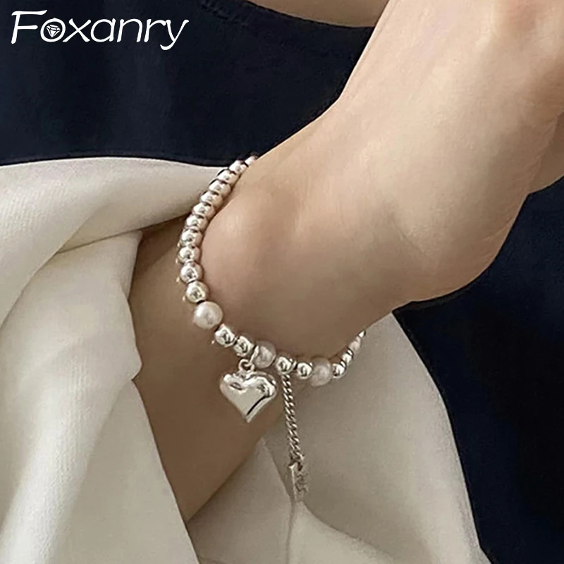 FOXANRY LOVE Heart Bead Chain Brcacelet New Fashion Vintage Punk English Letter Tag Vintage Handmade Party Jewelry Gifts