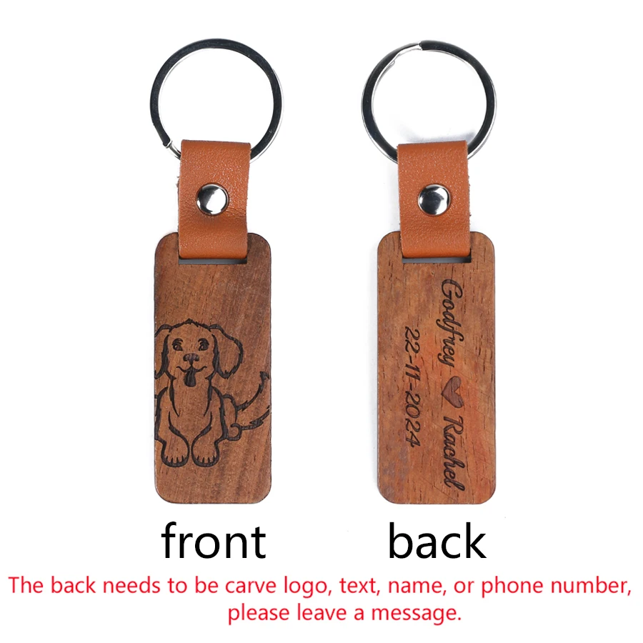 Solid Wood Square Tag Key Chains Wooden Leather Round Car Keychain Accessories Fashion Bag Pendant Key Storage Blank Wooden Card