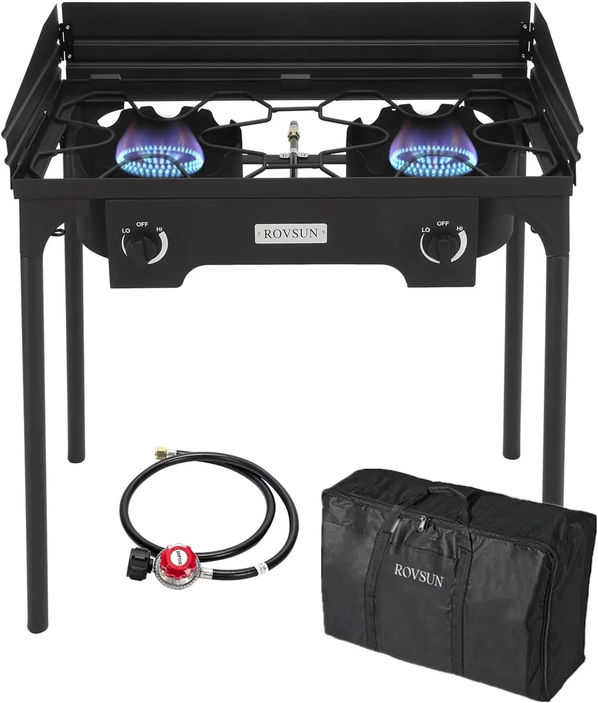 2 Burner Outdoor Camping Stove with Wind Panel & Carrying Bag,  Gas Cooker with Detachable Leg