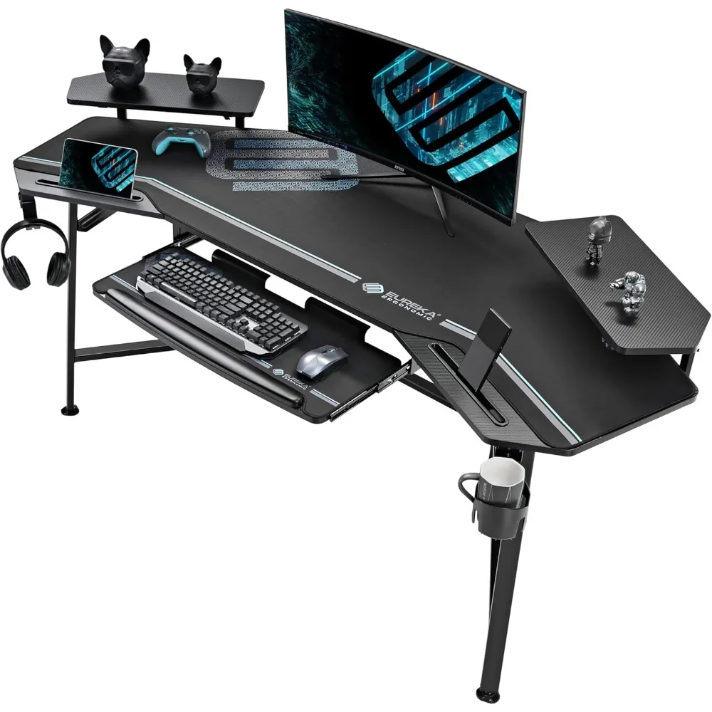 

Ergonomic gaming table, LED light, 72 inch large wing shaped computer desk, keyboard tray, stand, headphone hanger cup holder