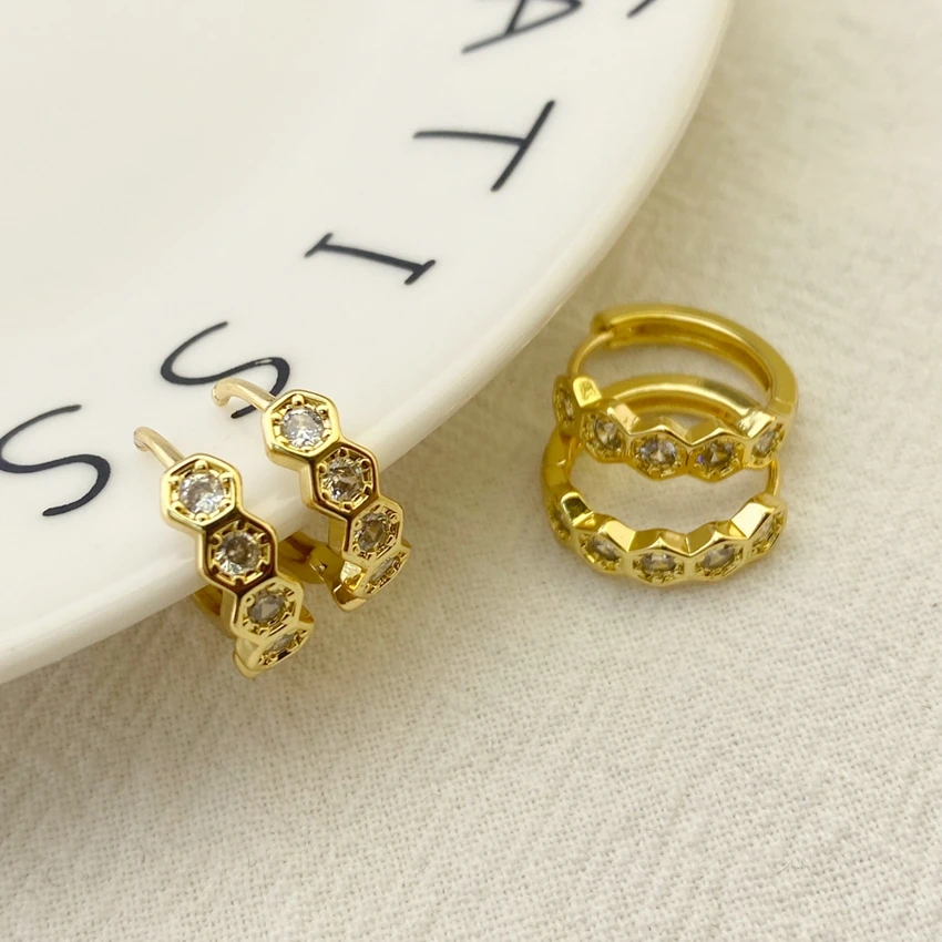 Europe and the United States fashion hexagonal honeycomb zircon earrings daily commute all gold earrings all small earrings