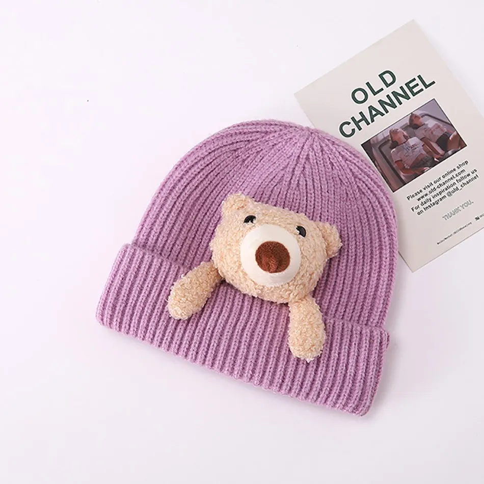 Kids Hats Caps Baby Newborn Knitted Hat Autumn Winter Baby Boys Girls Warm Windproof Hats Children Cartoon Bear Solid Color Hat