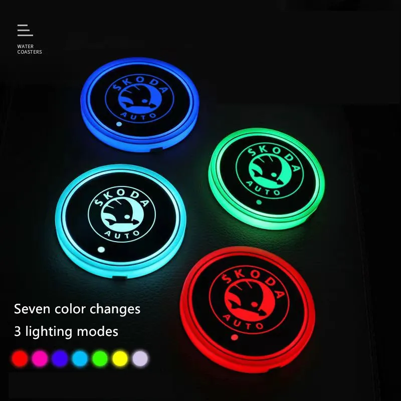 7 Color LED Car Cup Holder Light Luminous Coaster Water Cup Pad For Skoda Octavia A5 A7 RS Fabia Superb Accessories