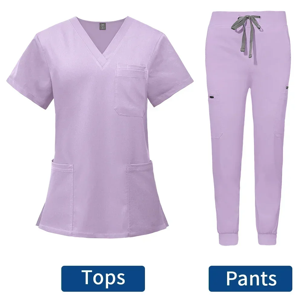 Uniforme de esfoliante com logotipo personalizável, conjunto de manga curta com decote em v + calças, uniforme de enfermagem feminino, médico de animais de estimação, roupa de trabalho médica