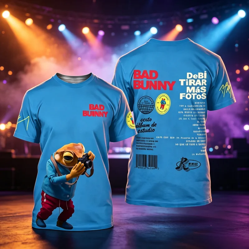 Bad Bunny De Bi Tirar Mas Fotos Album Blue Jersey Frog 3D Print Crew Neck Short Sleeve T‑Shirt Fans Casual Tops Family Kids Tees