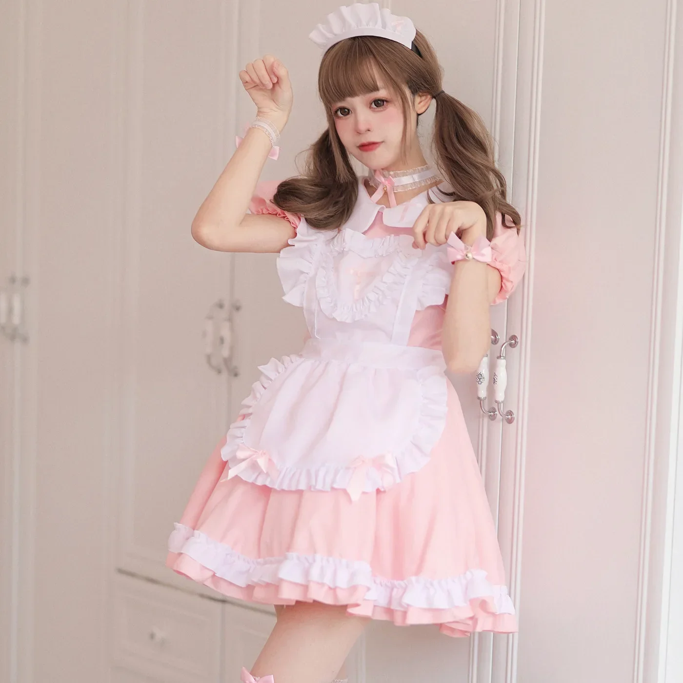 Cosplay Dienst mädchen Kostüm Anime Creme Schatz rosa Lolita Kleid süße Mädchen Mädchen tragen Uniform kurz ärmel ige Krankens ch wester Kostüme Kleider