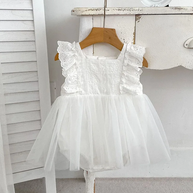 

2024 New Summer Toddler Baby Girls Jumpsuit Sleeveless Cotton Mesh Splicing Newborn Baby Girl Romper 0-24M Baby Girls Clothes