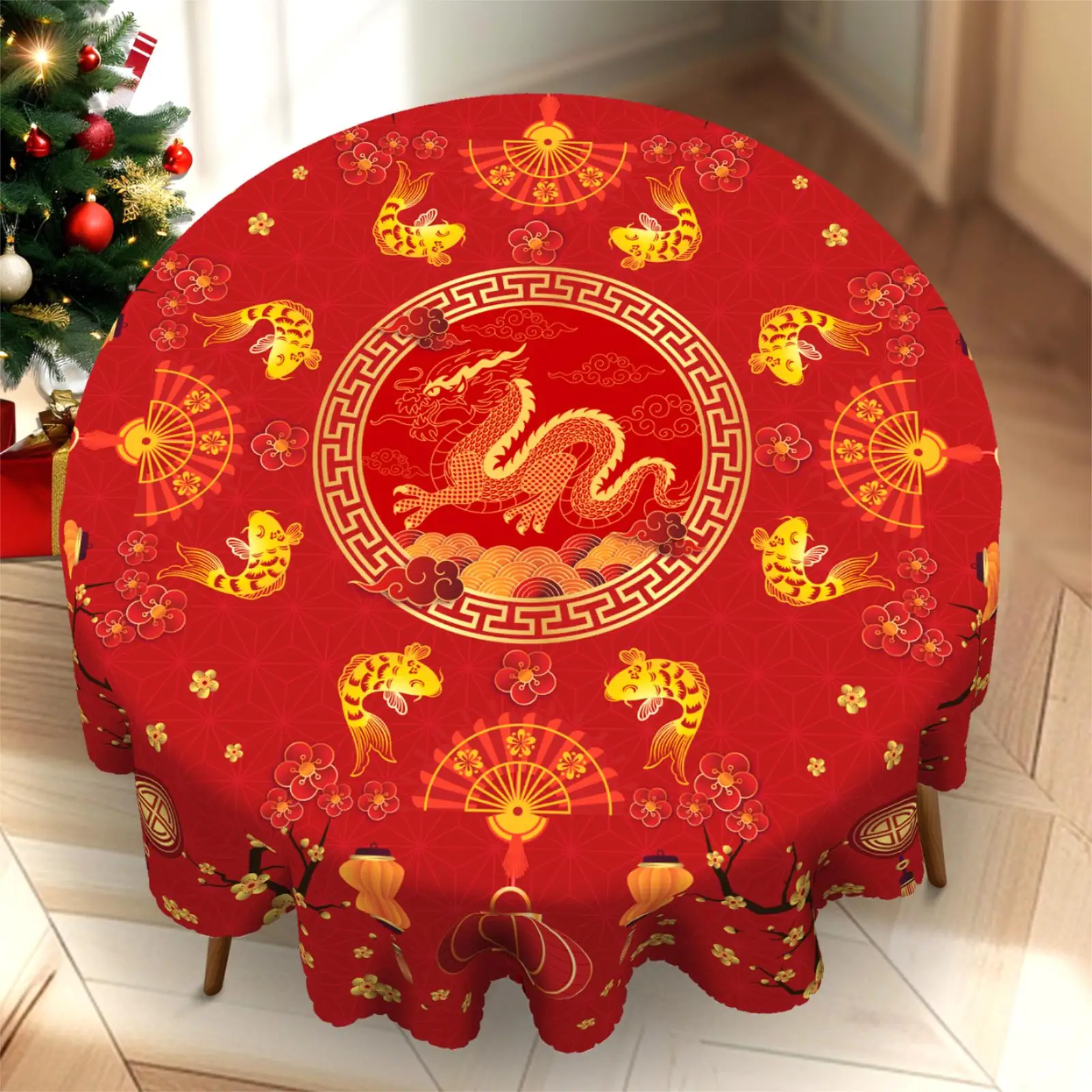 1 Piece of Spring Festival Tablecloth, Available in 5 Sizes, Dragon Totem, Plum Blossom, and Koi Fish Pattern Printed Tablecloth, Embossed Edge