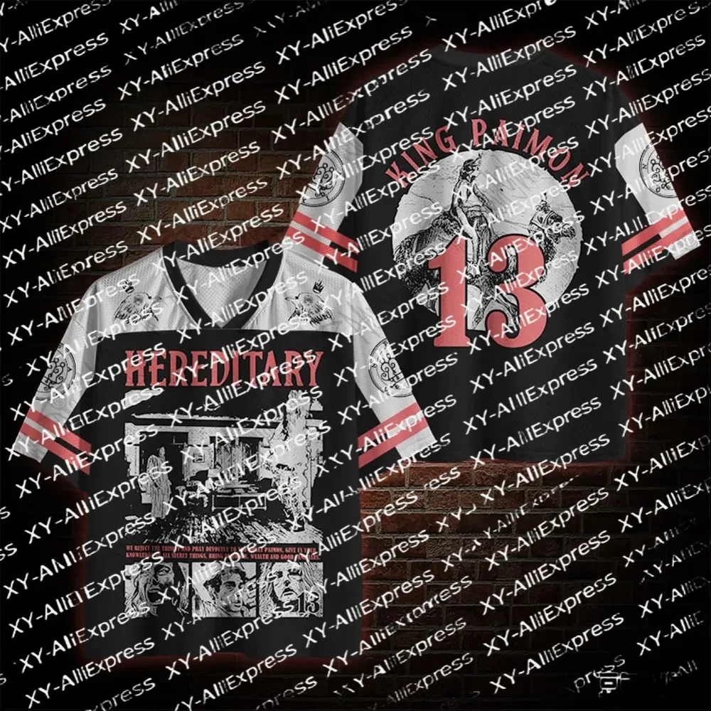 Men V-Neck Mesh Short Sleeve Jersey, Black White Red Dark Horror Number13 Graphic, Lightweight Mesh Top for Horror Street Wear