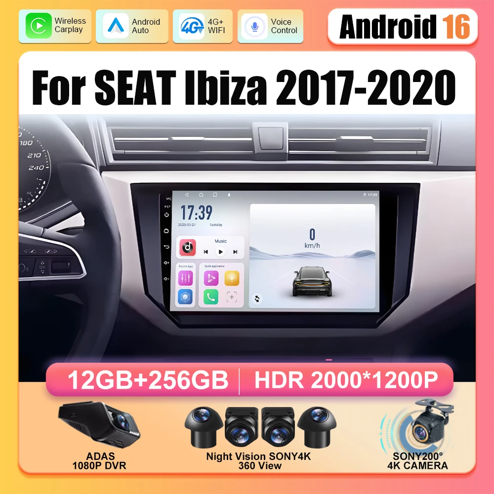 Android 16 For SEAT Ibiza 2017 2018 2019 2020 Head Unit Car Radio Auto Multimedia Player Voice Control GPS WiFi+4G Navigation BT