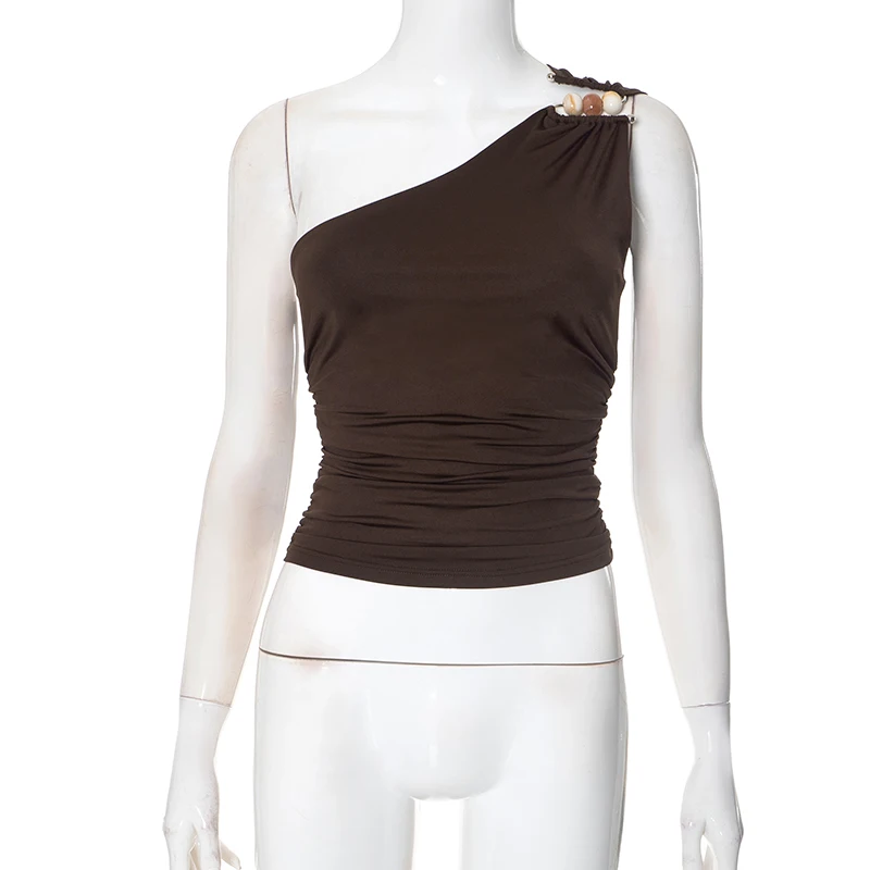 CUTENOVA 2025 New Sexy One-Shoulder Bead Link Ruched Tank Top Street Slim Light Personality American Hottie Girls Sexy Tank Tops image 6