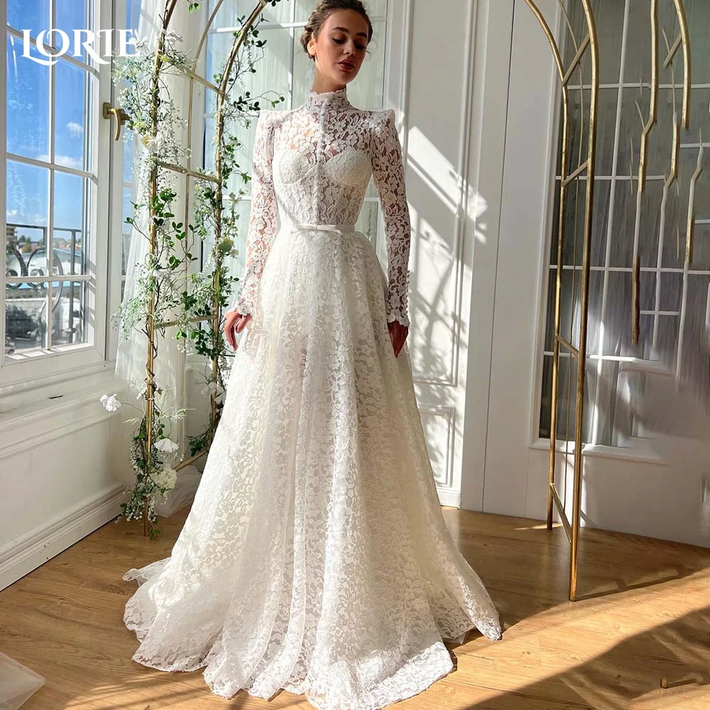 

LORIE Vintage Lace Wedding Dresses Pleats Sweetheart Off Shoulder 3D Flowers Bridal Gowns Appliques Long Sleeve Bride Dress 2024