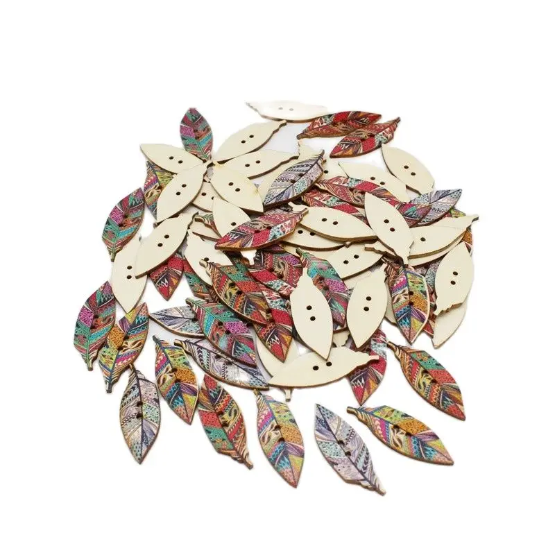 50pcs/lot Fashion Leaves Painting 2 Holes DIY Random Wooden Buttons For Clothing Sewing Scrapbooking Accessories 15x41mm