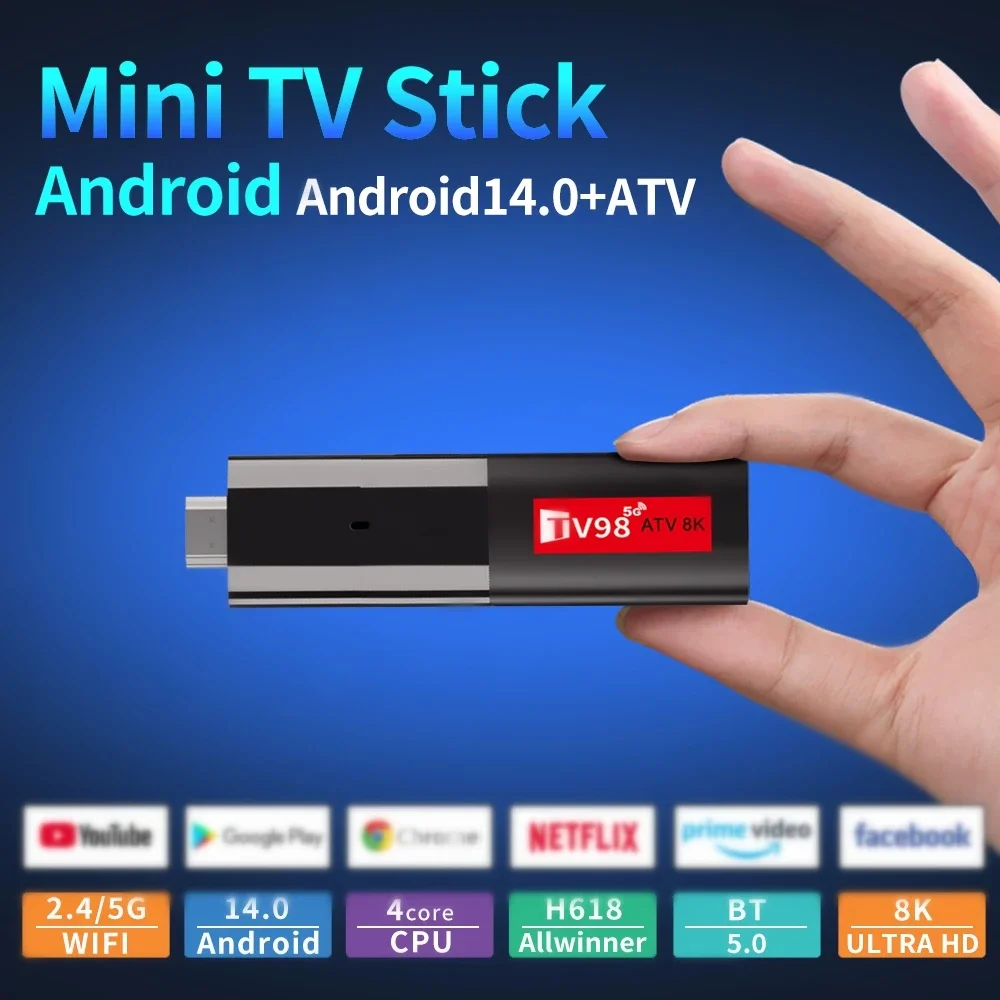 New TV98 ATV Smart TV Stick Android 14 H618 2.4G 5G Wifi Support OTA 8K Media Player BT5.0 2GB 16GB Voice Remote TV Receiver