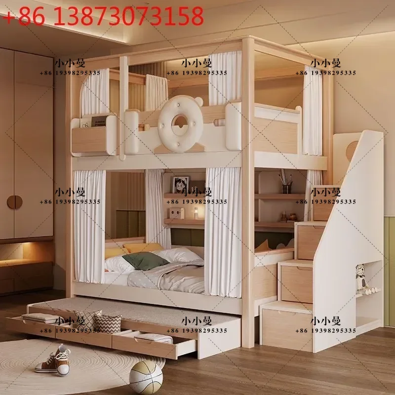 Cream wind bed, double floor, castle with high guardrails, children's beds on top, two bunk beds