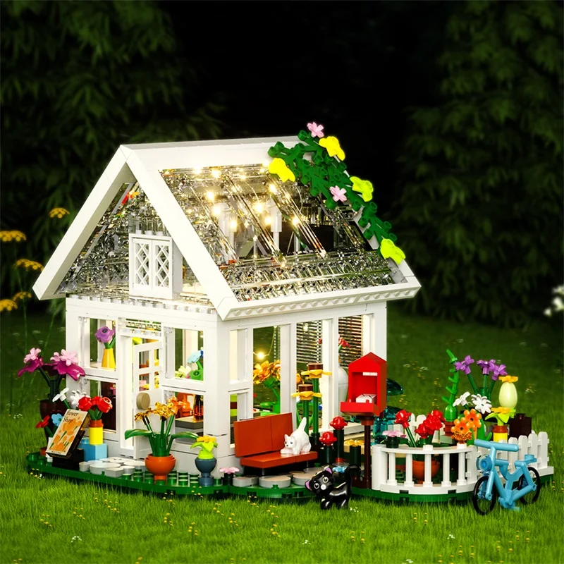 MOC ดอกไม้ House Building Blocks Garden House พร้อมไฟ LED อิฐแฟนตาซีดอกไม้รถ DIY ของเล่นของขวัญคริสต์มาสสําหรับหญิง