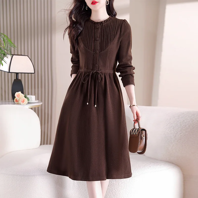 Coffee Cotton Fleece Dress Elegant and Stylish Look Thin Autumn Winter Mid length Bottom Skirt