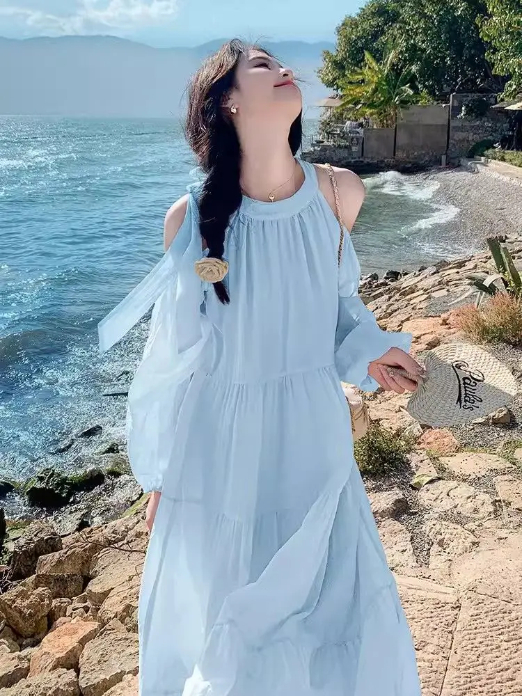 

2025 summer new Round neck Vintage elegant casual dresses women Loose Casual Comfortable A-line Chiffon dresses