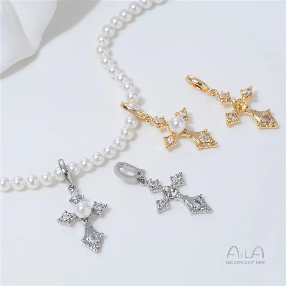

14K Gold-plated Zirconium-inlaid Cross Pendant Universal Buckle Diy Hand-bonded Pearl Necklace Bracelet Accessory Material