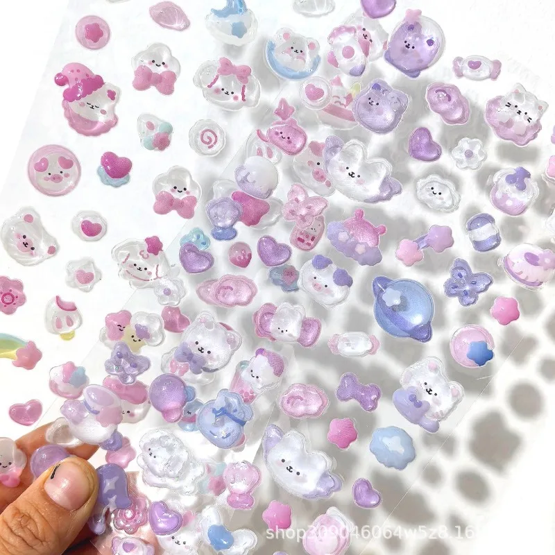 

Cute Cartoon Rabbit Bear 3D Relief Crystal Sticker Adorable Girl’s Phone Case DIY Solid Granular Decor Scrapbook Journal Sticker