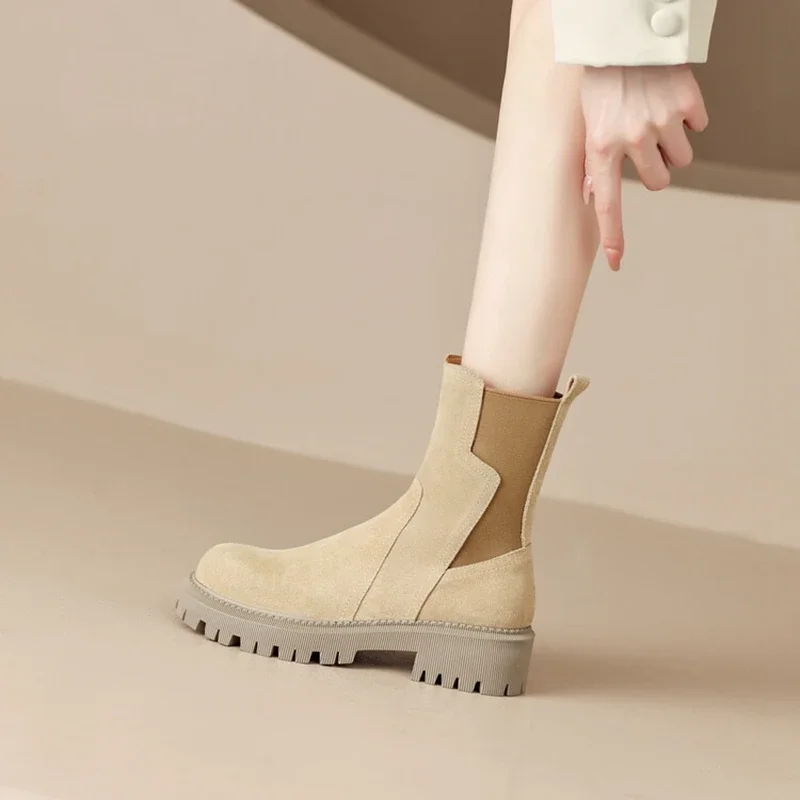 NEW Autumn Shoes Women Chelsea Boots Round Toe Thick Heel Short Boots Cow Suede Boots for Women Winter Platform Shoes for Women