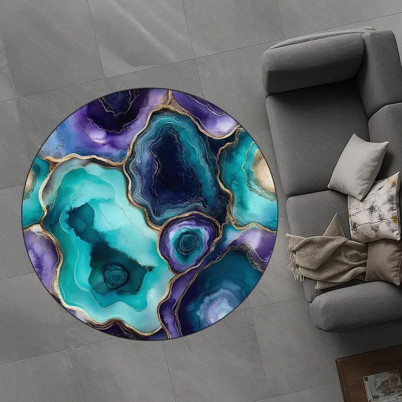 Amethyst Diamond Geode Round Rug Lavender Gold Marble Print Bedroom Living Room Carpet Blue Green Marble Pattern Mat