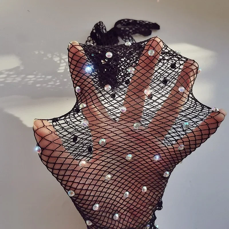 Women Sexy Fishnet Rhinestone Long Gloves Stretchy Flash Diamond Full Finger Ultra-Thin Mesh Gloves Exotic Party Costume Mittens