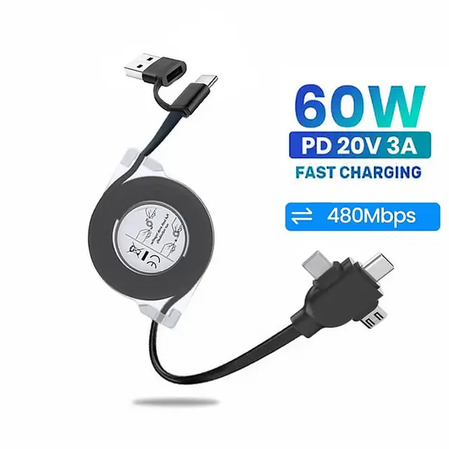 Kabel do ładowania notebooka 6 w 1 Wysuwana ładowarka Kabel do transmisji danych PD 60 W Szybkie ładowanie iPhone Samsung MacBook Type-C/Micro USB