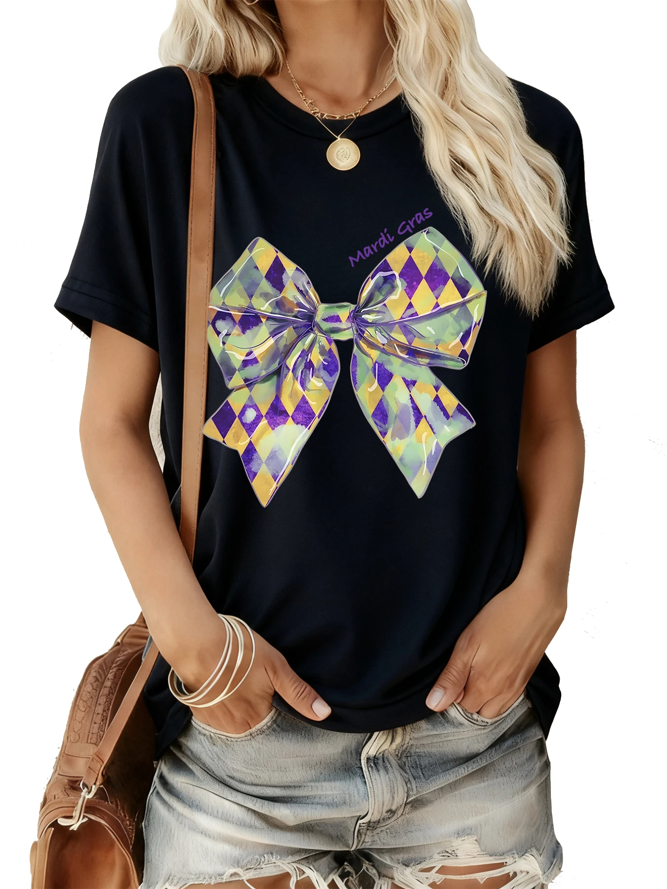 

Women's Mardi Gras Tee | Carnival Colors Diamond Plaid Bow Print | Soft Comfy | Casual/Parties | Black & White | Gift Idea