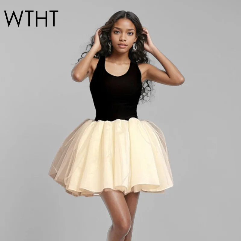 

WTHT New Fashion Women's Spliced Mesh Hem Puff Dress 2025 Spring Trendy O-neck Sleeveless Short Dresses Female 1LS1007