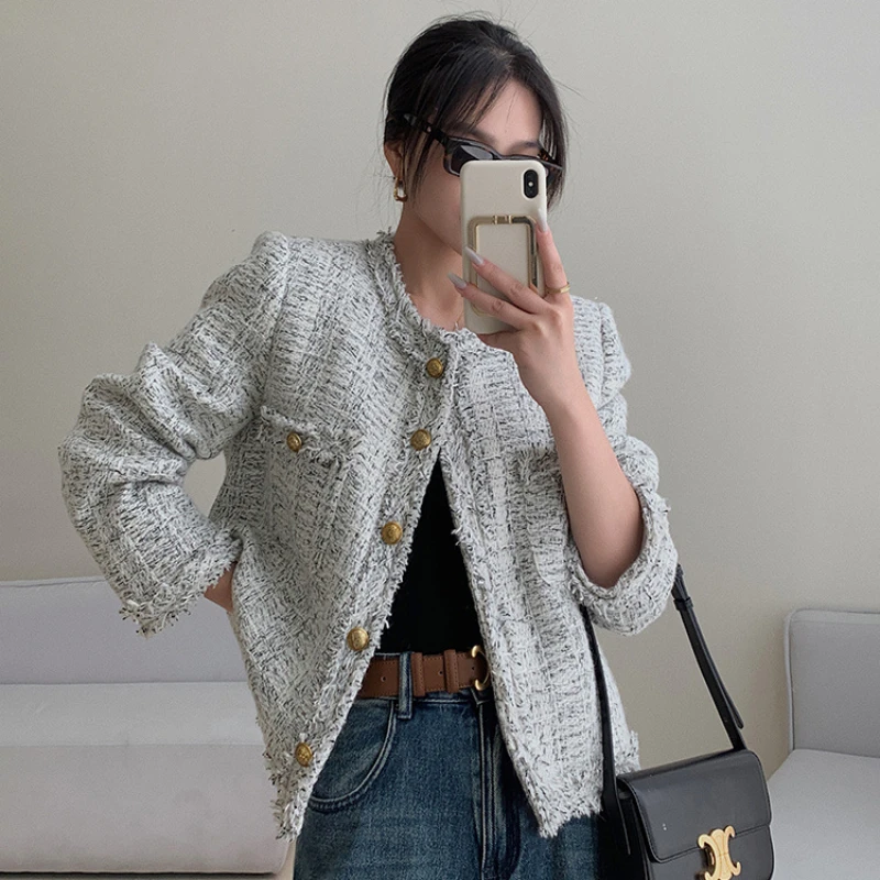 

Round Neck Small Fragrant Wind Short Jacket for Women Early Spring 2024 New Tweed Fashion Stitching Top Casual Versatile Outwear