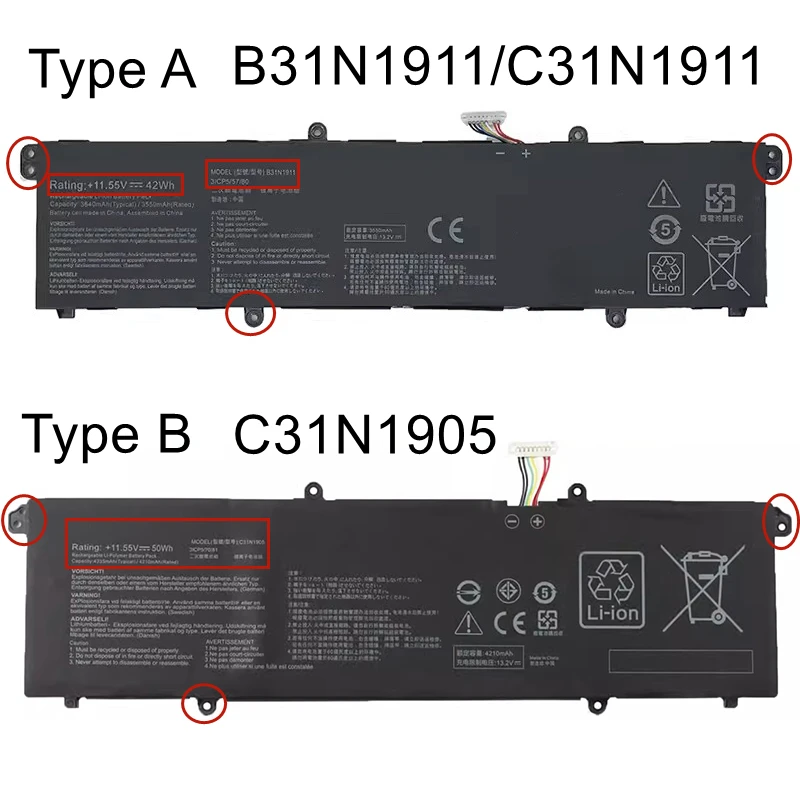 New C31N1905 C31N1911 Laptop Battery For Asus X421FA S4600F S5600F M3400QA M4600I M5600I ADOL13 S533FL S521FA K533F V533F X1502Z