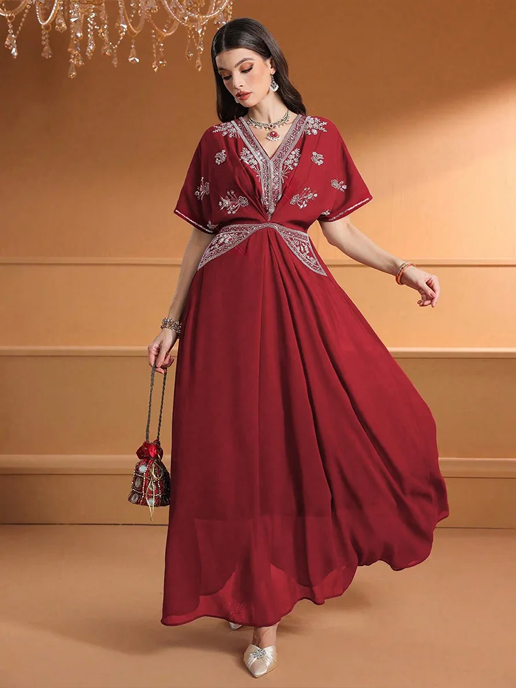 

Fashion Women V-Neck Long Dress Diamonds Abayo Dubai Abayas Turkey Kaftan Muslim Dresses Morocco Caftan Femme Robe Vestidos Gown