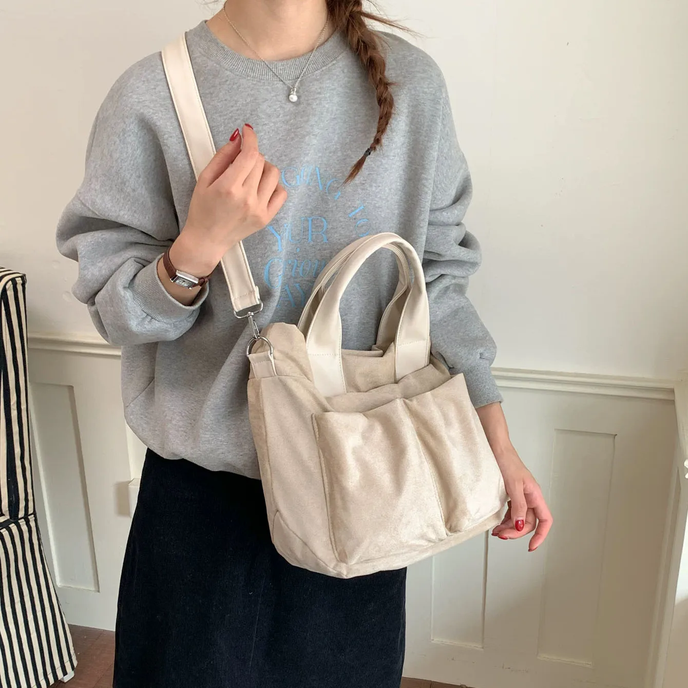 Suede Tote Bag for Women Large Capacity Multi Pocket Handbags Stylish Office Commuter Versatile Daily Crossbody Purse