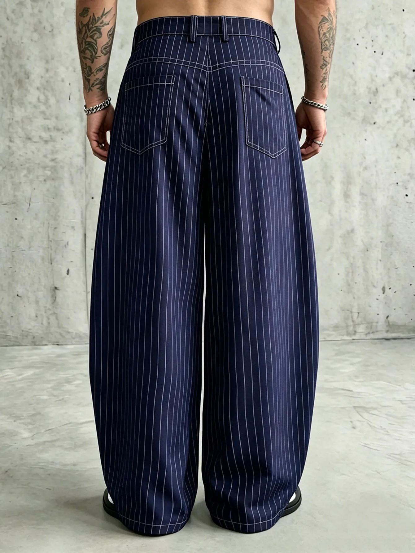 Herren Navy Nadelstreifen Weite Baggy-Hose Dehnbar Knitterfrei Übergroße Loose-Fit Bananenhose Business Street Chinos – Detail 3